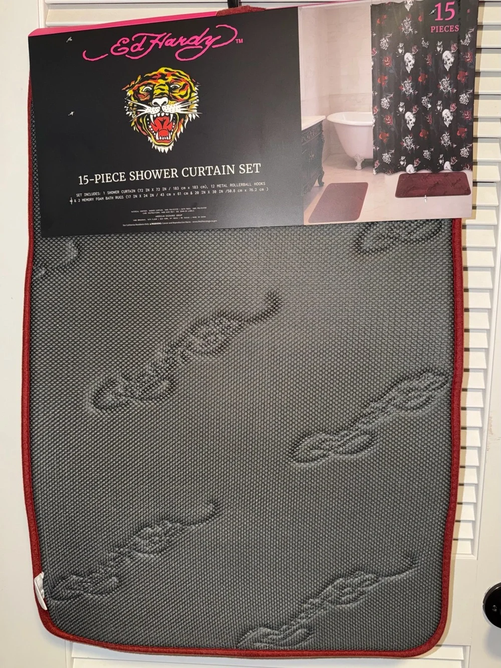Ed Hardy Black Shower Curtain with Red Rose and Teal Leaves
